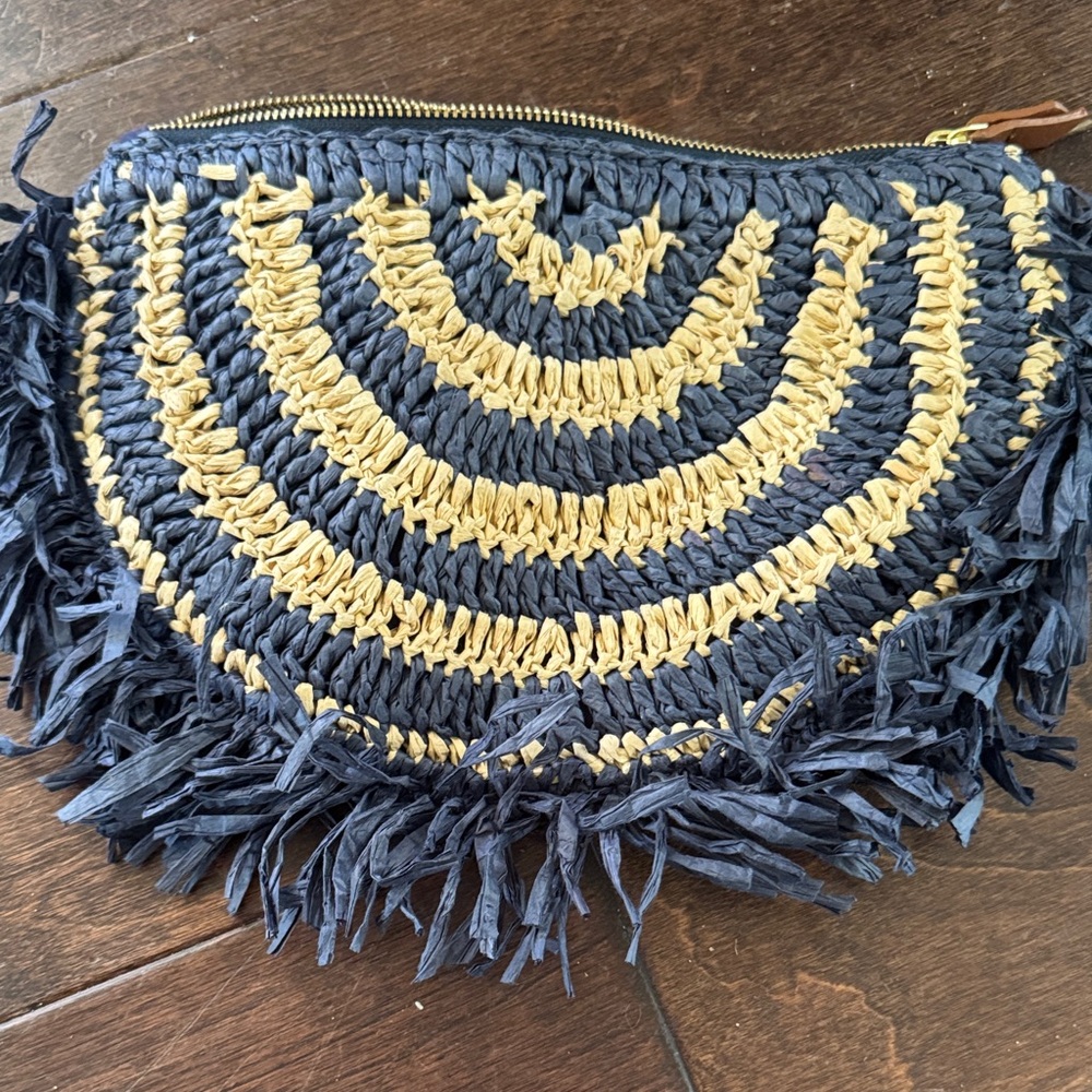J. Crew Navy and Mustard Woven Fringe Zip Clutch